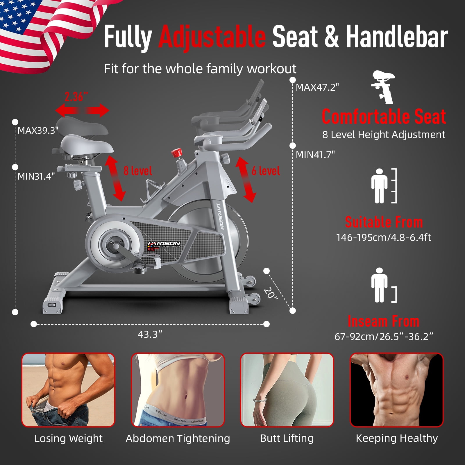 HARISON Semi-Commercial Exercise Bike, Silent Magnetic Stationary Bike for Home Gym with Tablet Mount and Comfortable Seat Cushion, 350 LBS Weight Capacity Workout Bike