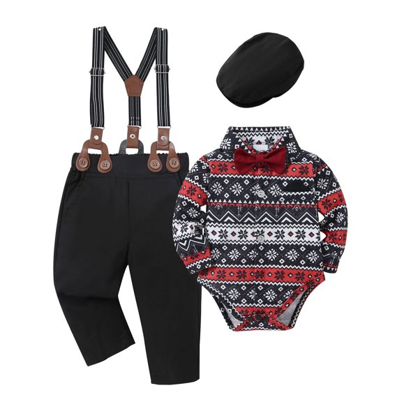 CARETOO Newborn Baby Boy Clothes 0-18 Month Formal Floral Print Shirt Suspender Pants Hat Tie Outfit