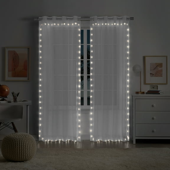 Eclipse Starlight Light Up Sheer Hookless Curtain, 1 Panel, Lights with Remote Control, 95 In x 52 In, White