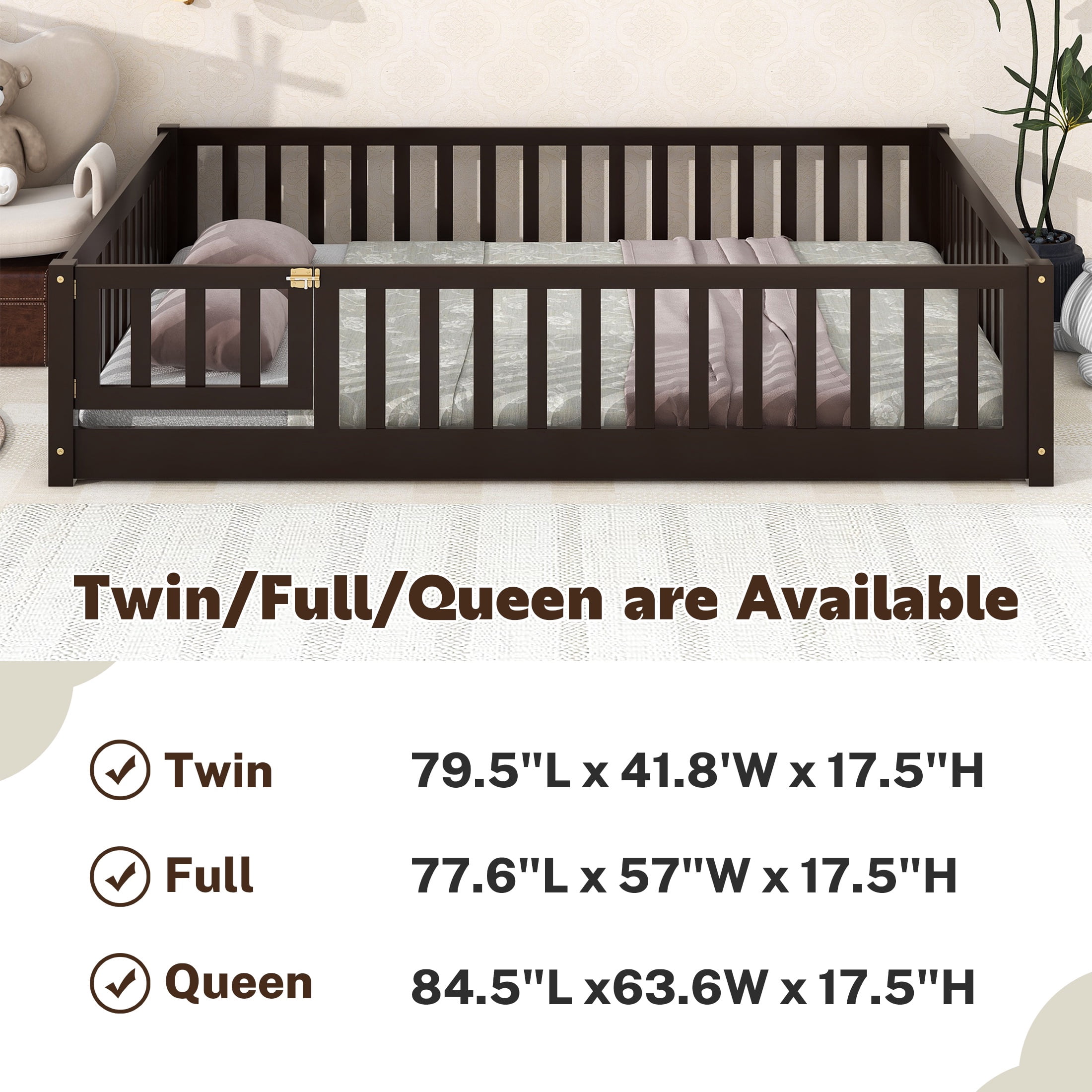 PAPROOS Full Montessor Floor Bed, Solid Wood Toddler Bed with Safety Guardrail and Door, Easy Assembly, Low-to-Floor Bed Frame with Slats for Kids, Espresso