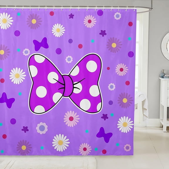 Purple Bowknot Kids Shower Curtains,Star Daisy Floral Geometric Dots Patch Bathroom Curtains for Girls Women,Bow Tie Princess Cute Romantic Waterproof Curtains,12 Hooks Suits,72" W x 84" L