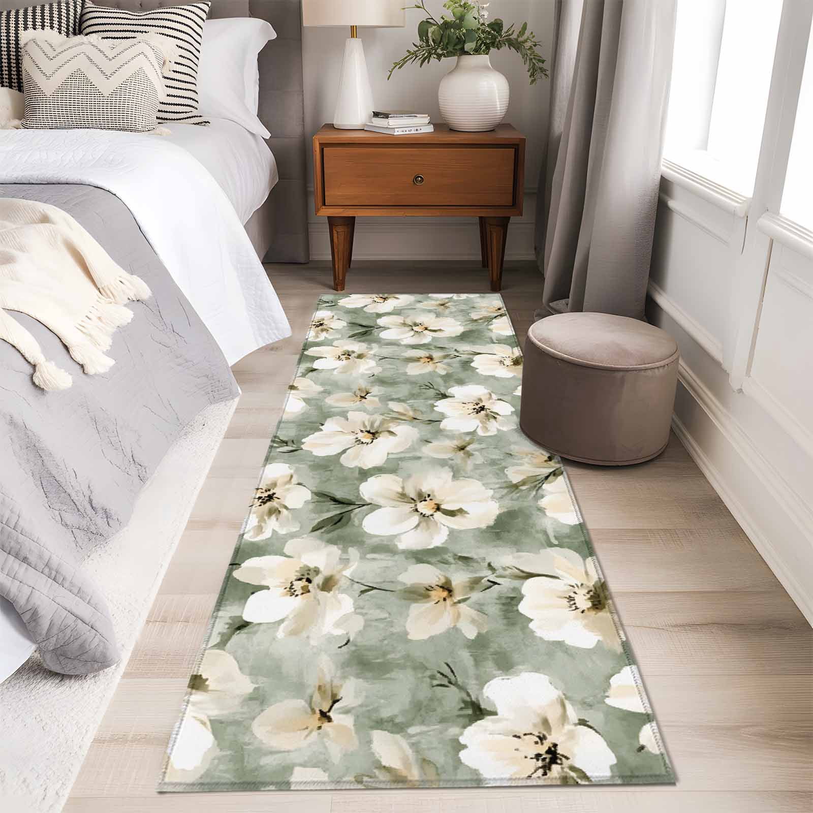 Vintage Magnolia Runner Rugs 2x6 ft White Blooming Flower Oil Painting Style Washable Hallway Rugs Non-Slip Floor Mats Absorbent Carpet Bedside Runners for Bedroom Kitchen Bathroom Laundry Room