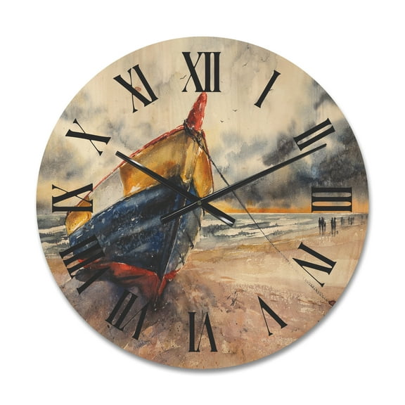 Designart 'Wooden Boat On The Baltic Shores At Evening Glow' Nautical & Coastal Wood Wall Clock