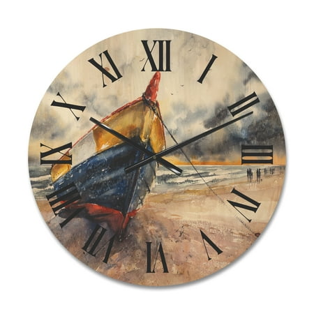 Designart 'Wooden Boat On The Baltic Shores At Evening Glow' Nautical & Coastal Wood Wall Clock