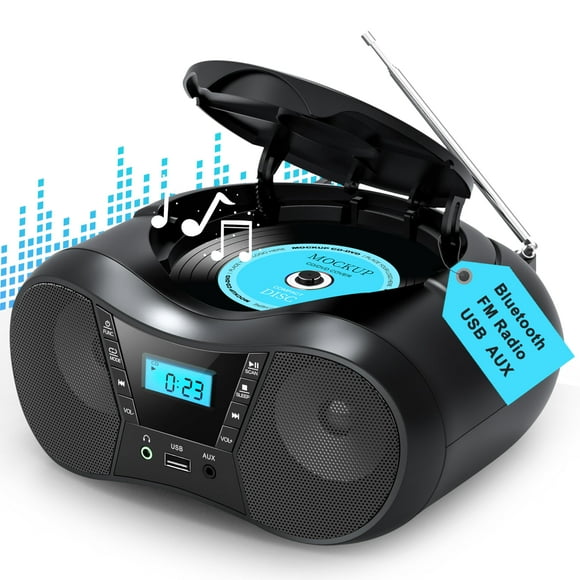 Greadio Boombox Lecteurs CD Portables pour la Maison avec Bluetooth, Lecteur CD Boombox Combo Radio FM, Son Stéréo, Alimenté par AC/piles, Compatible CD/CD-R/RW