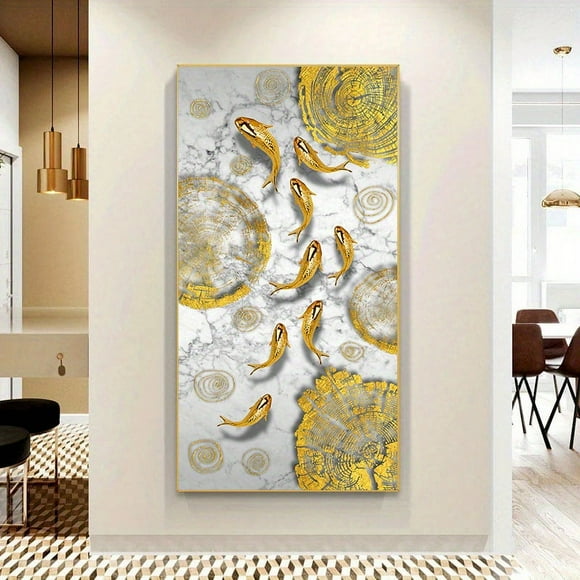 1pc Frameless Chinese Style Koi Lucky Carp Canvas Painting Fish Goldfish Poster Entrance Home Decor Picture Cuadros Annual Ring Wall Art, No Frame