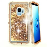 Samsung Galaxy S9 Tough Defender Sparkling Liquid Glitter Heart Case Cover Rose Gold
