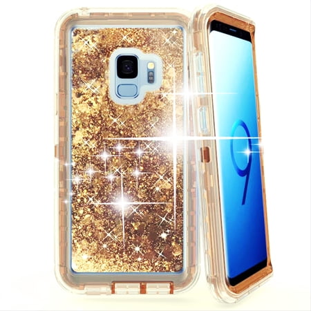 Samsung Galaxy S9 Tough Defender Sparkling Liquid Glitter Heart Case Cover Rose Gold
