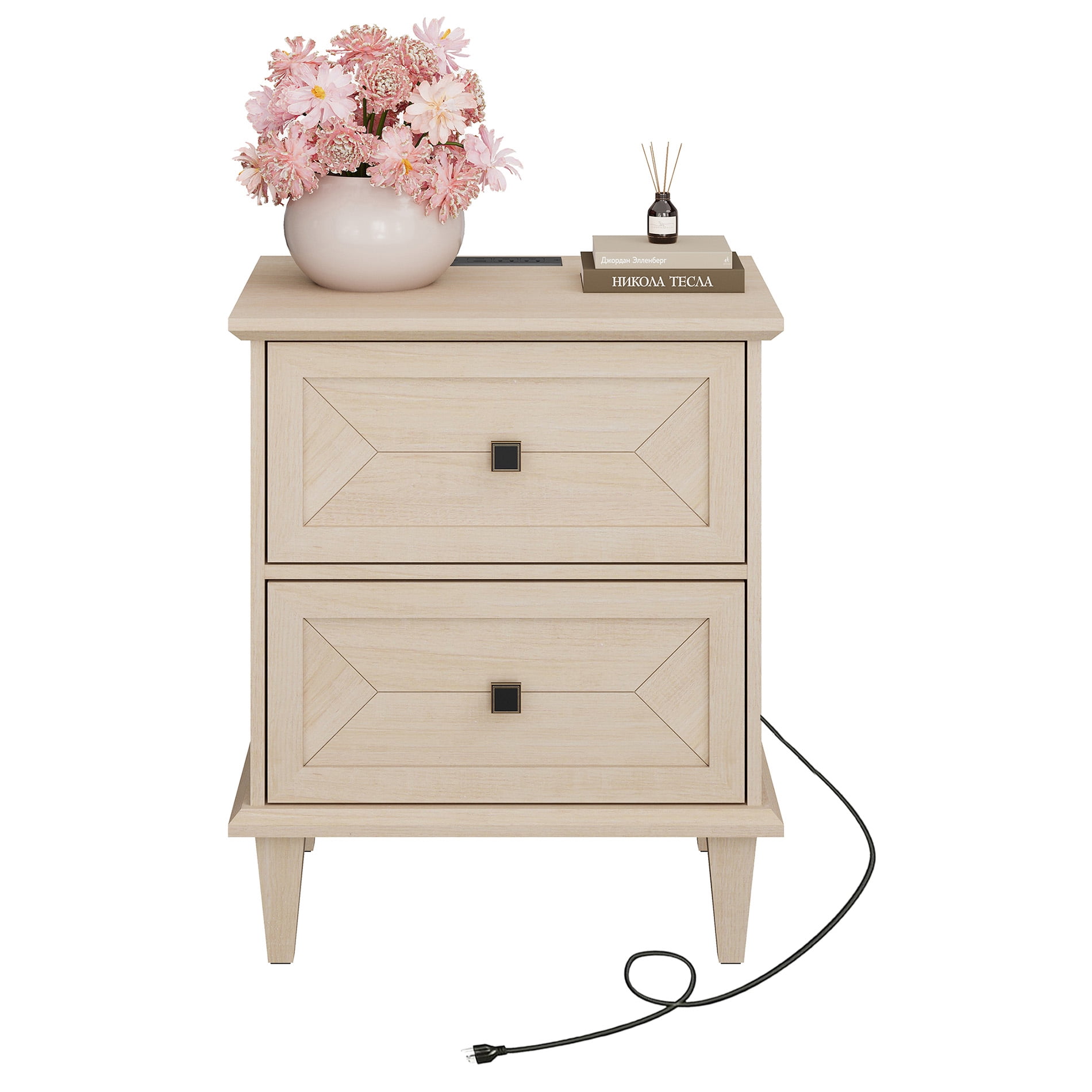 WAMPAT Nightstand with Charging Station, Modern Farmhouse Bedside Table with Storage Drawers & Solid Wood Legs, Beige End Table for Bedroom Living Room, Light Beige