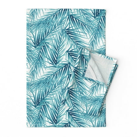 

Printed Tea Towel Linen Cotton Canvas - Aqua Watercolor Palm Leaves Tropical Coastal Trees Beach Seashell Fern Forest Jungle Pattern Print Decorative Kitchen Towel by Spoonflower