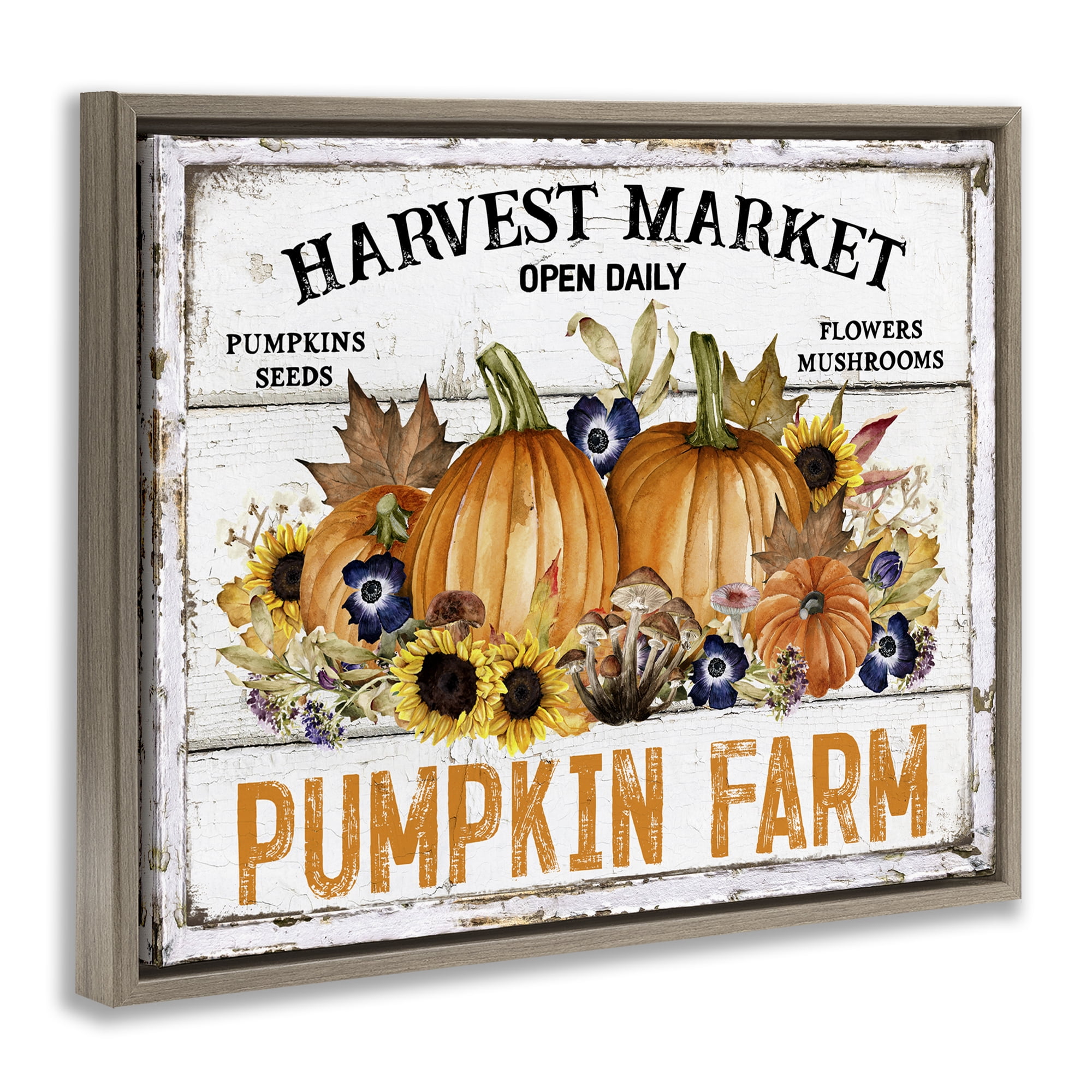 Stupell Industries Pumpkin Farm with Sunflowers Holiday Painting Brown Floater Framed Canvas Art Prints Wall Art, 31 x 25