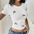 thumbnail image 2 of Womens Tops, Women’s Slim Fit Heart Rhinestone Tee with 3D Bow Crewneck Short Sleeve T-Shirt, 2 of 9