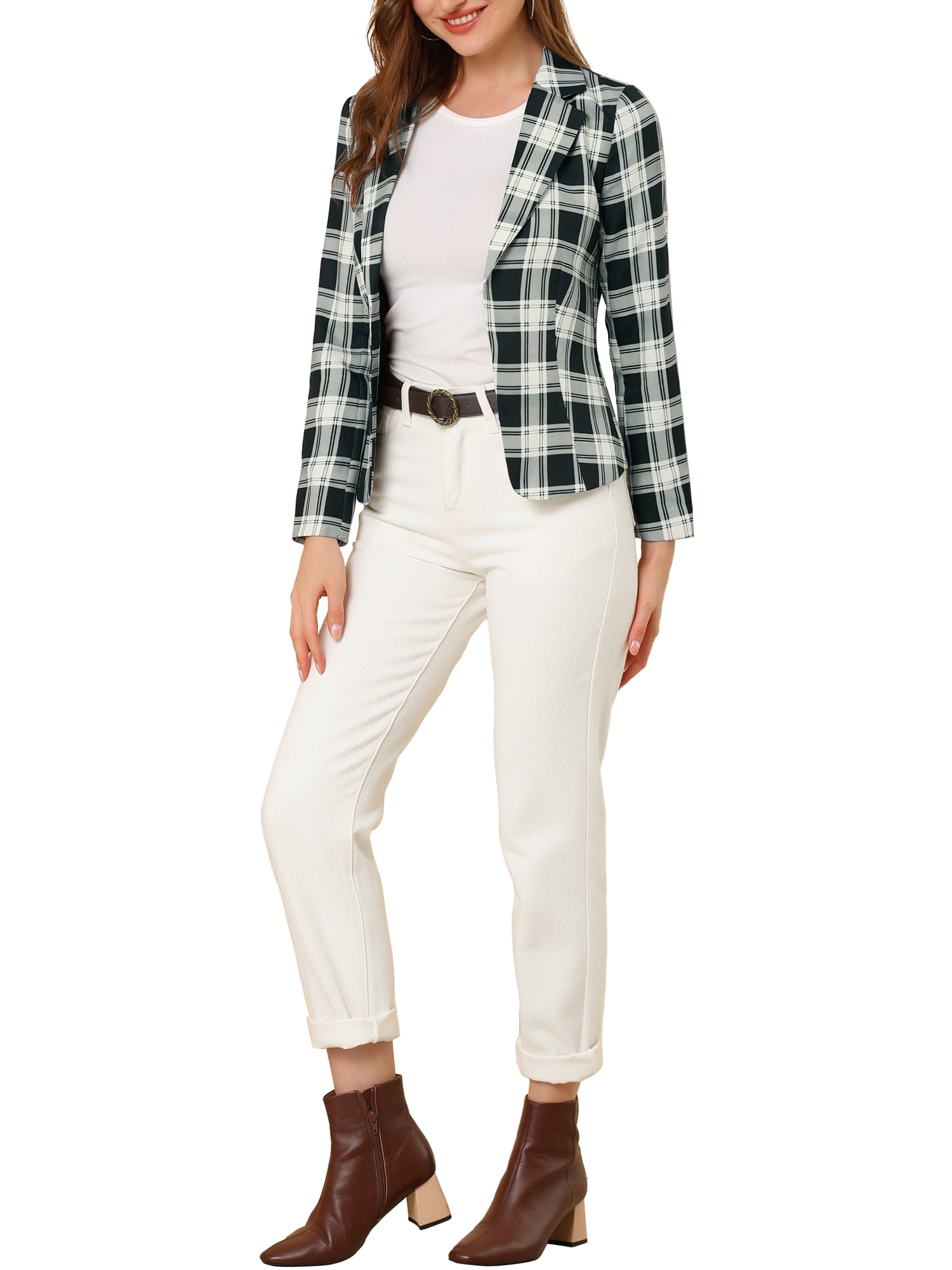 DARING DIVA Women's Elegant Notched Lapel Floral Print Blazer S Black-Plaid
