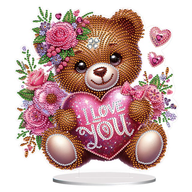 Decoración de escritorio de pintura de diamante de oso rosa de corazón acrílico para decoración de escritorio de oficina