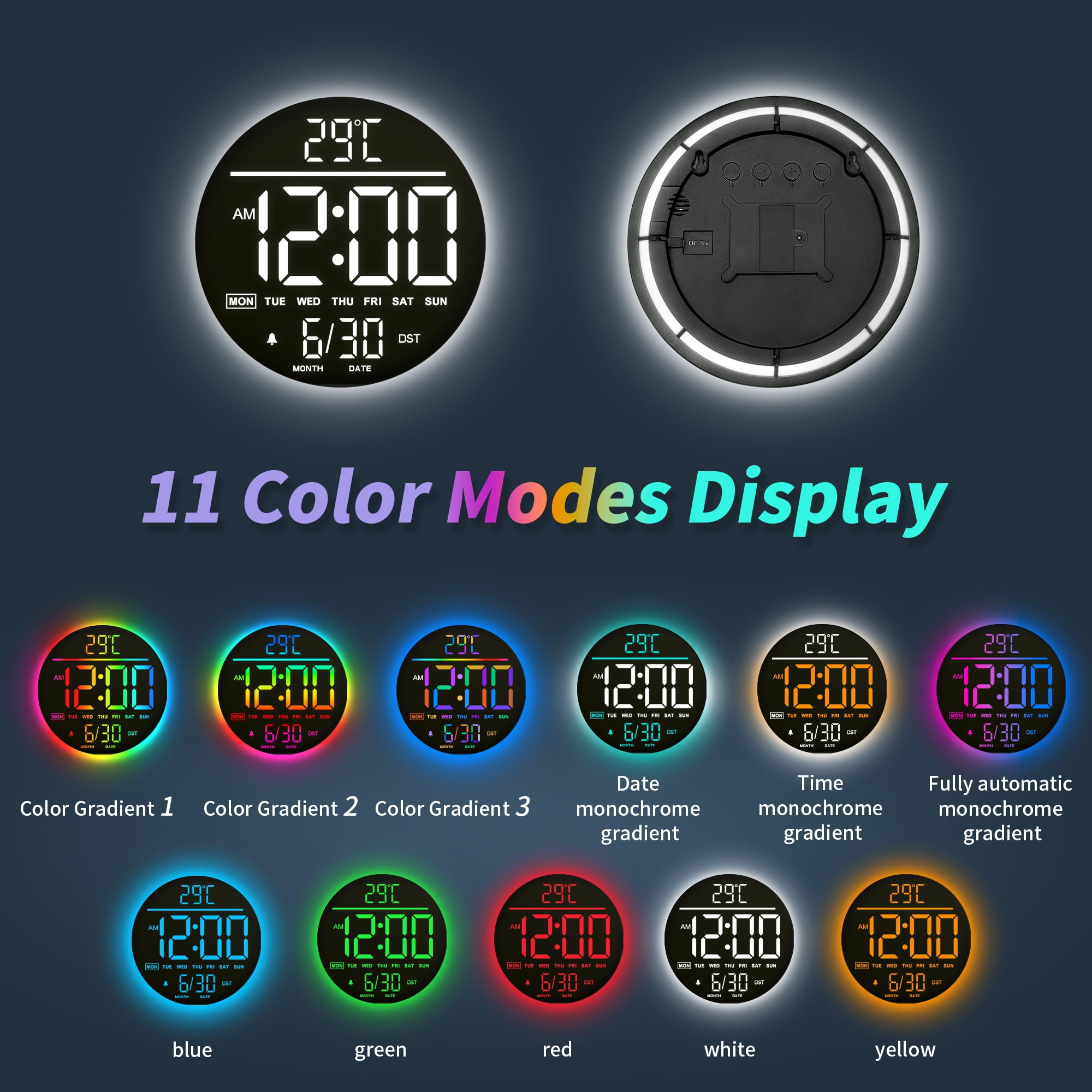 LEIKE 10" Large Digital Wall Clock with Seconds - Big LED Display RGB Color - Auto DST, Temperature & Countdown Timer - Electric Wall Mounted Digital Clock for Bedroom, Living Room, Office, Gym