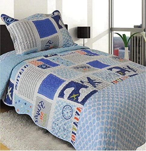 99 airplane Golden Linens Twin Size 2 Pieces Quilt Bedspread Set Kids New Designs for Boys & Girls