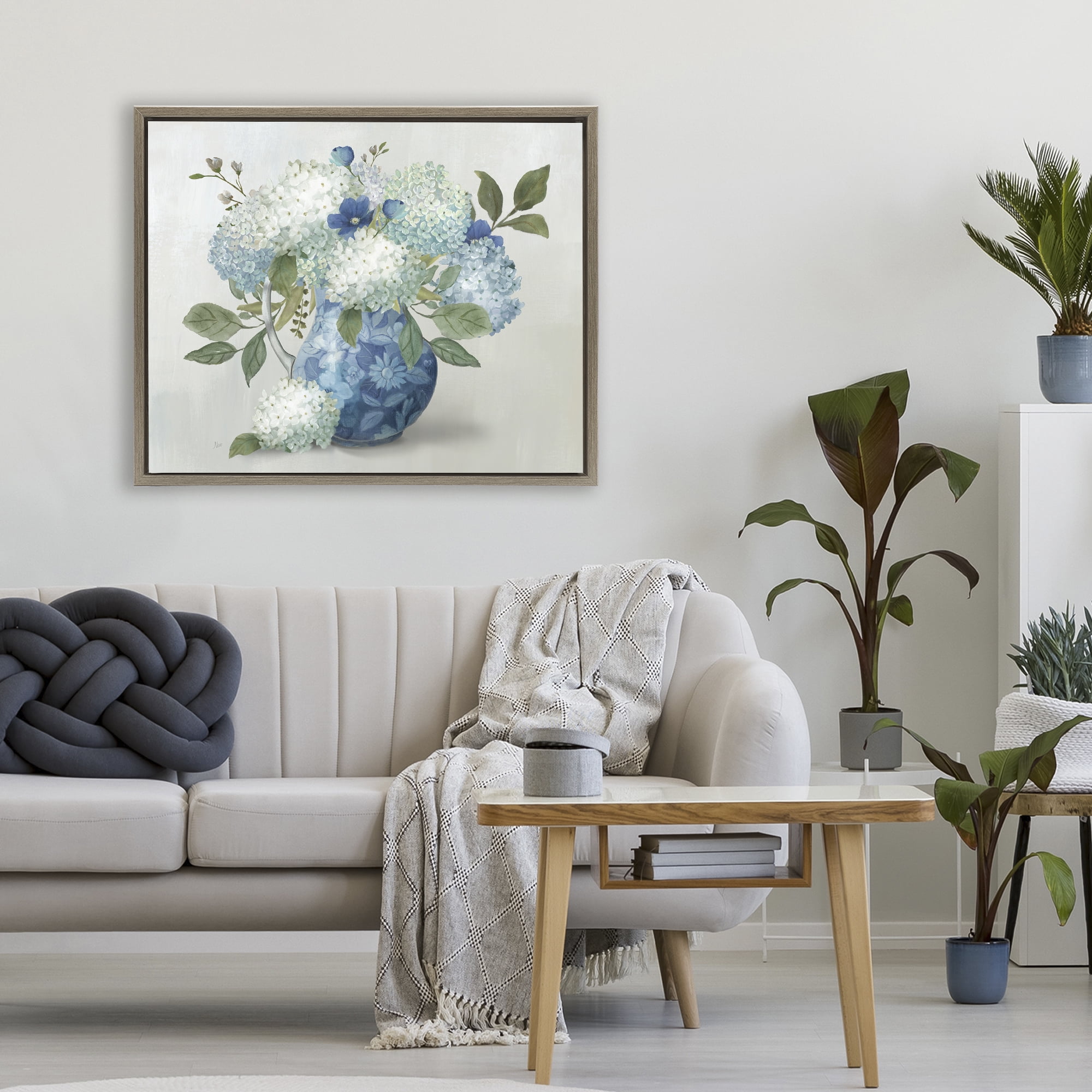 Stupell Industries Ornate Vase with Hydrangeas Brown Framed Floater Canvas Wall Art, design by Nan