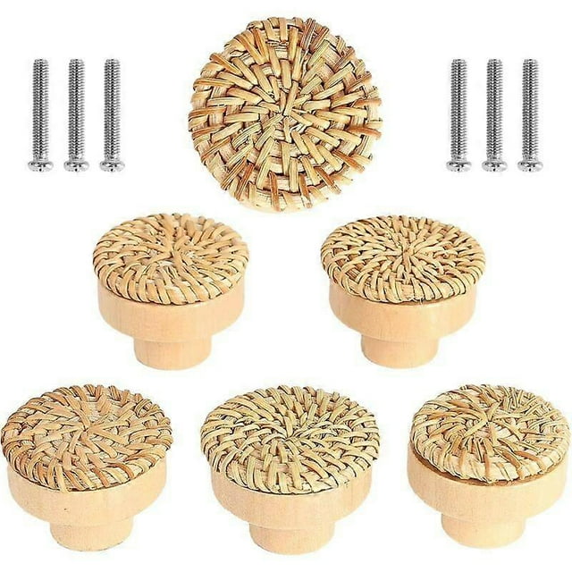 Set of 6 Rattan Furniture Knobs Drawer Knobs, Bohemian Style Door Handle Round Wooden Drawer Handle for Dresser Cupboard