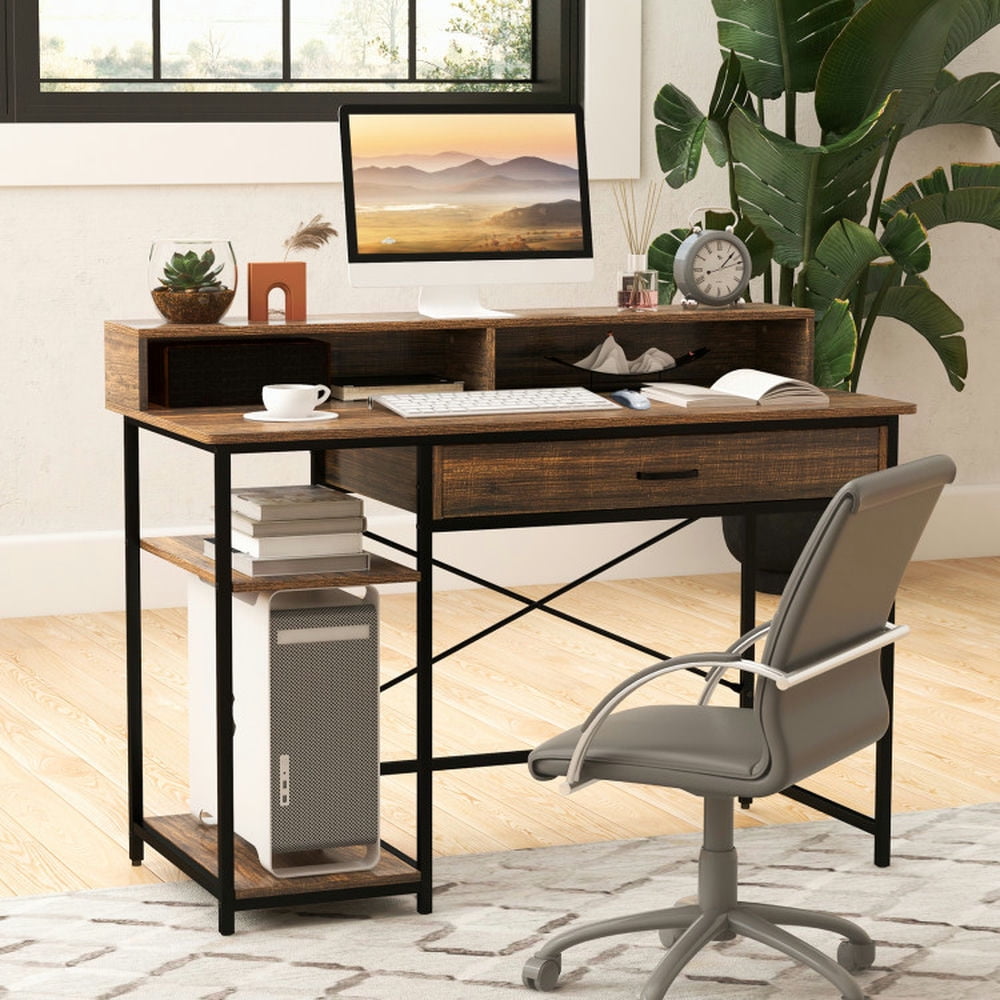 Demi Bonn 48" Computer Desk with Monitor Stand Drawer and Shelves, Small Home Office Desk Study Writing Table, Brown