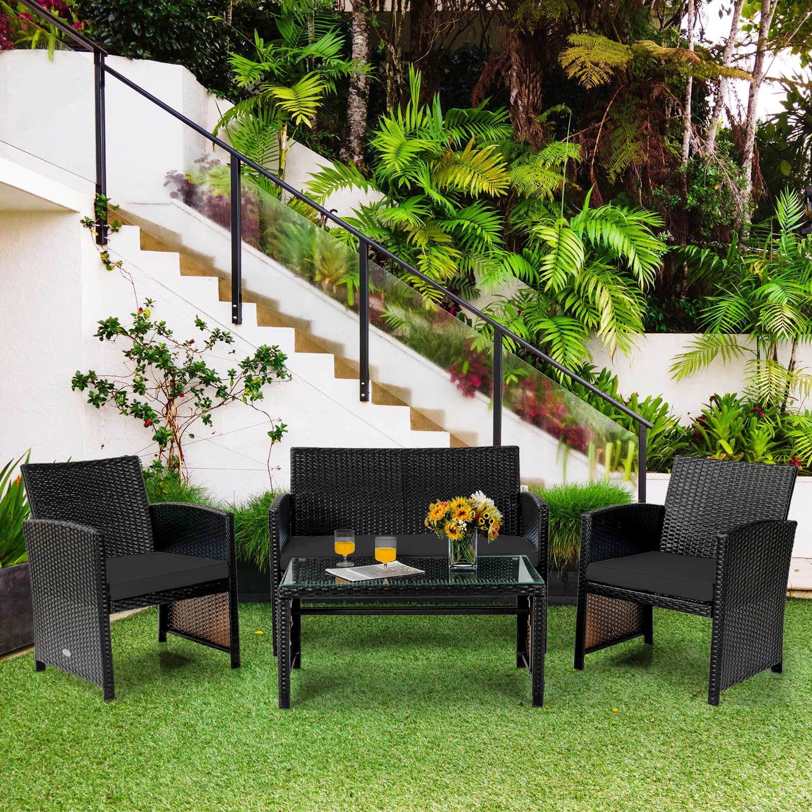 Costway 4PCS Patio Rattan Furniture Set Cushioned Chair Sofa Table Black