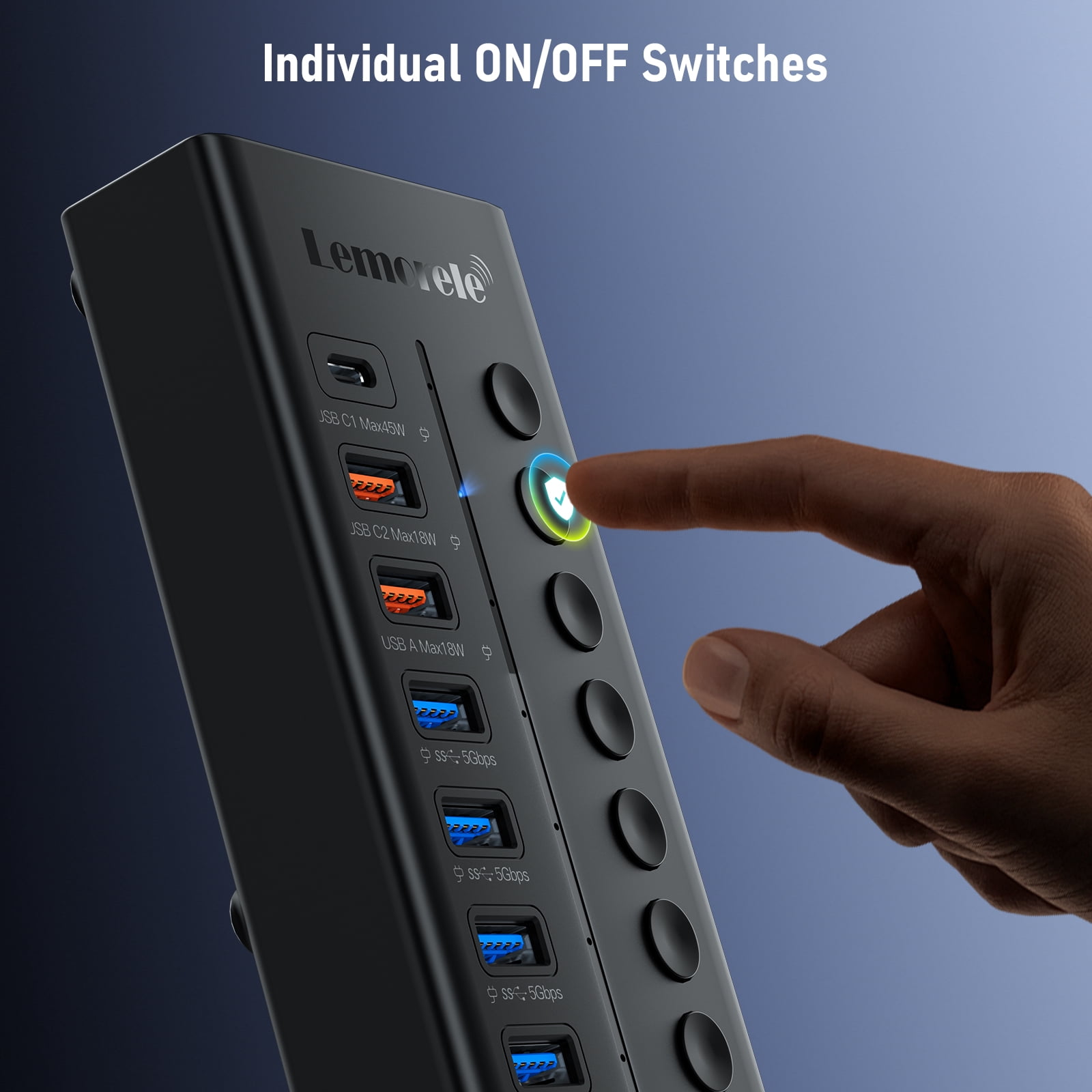 Lemorele 10-in-1 Docking Station, 7 USB 3.0 Hubs + 1 Type-C Port + 2 Type-A Ports for Fast Charging, Independent Switch with Indicator Light, 5gbps Transfer