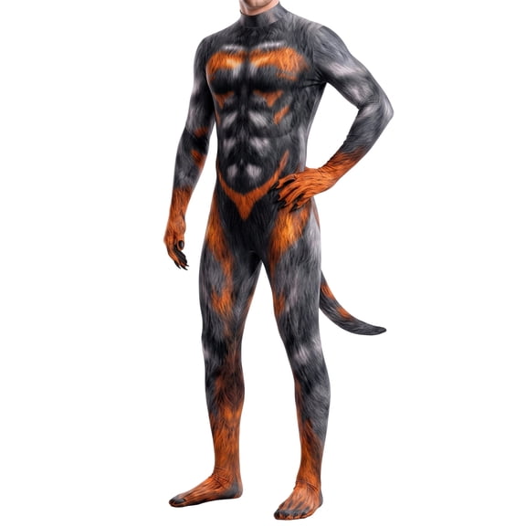 BOOMNY Halloween Mens Animal Bodysuit Hallowmas Animal Graphic Long Sleeve Catsuit Playful Stage Performance Fullbody Jumpsuit