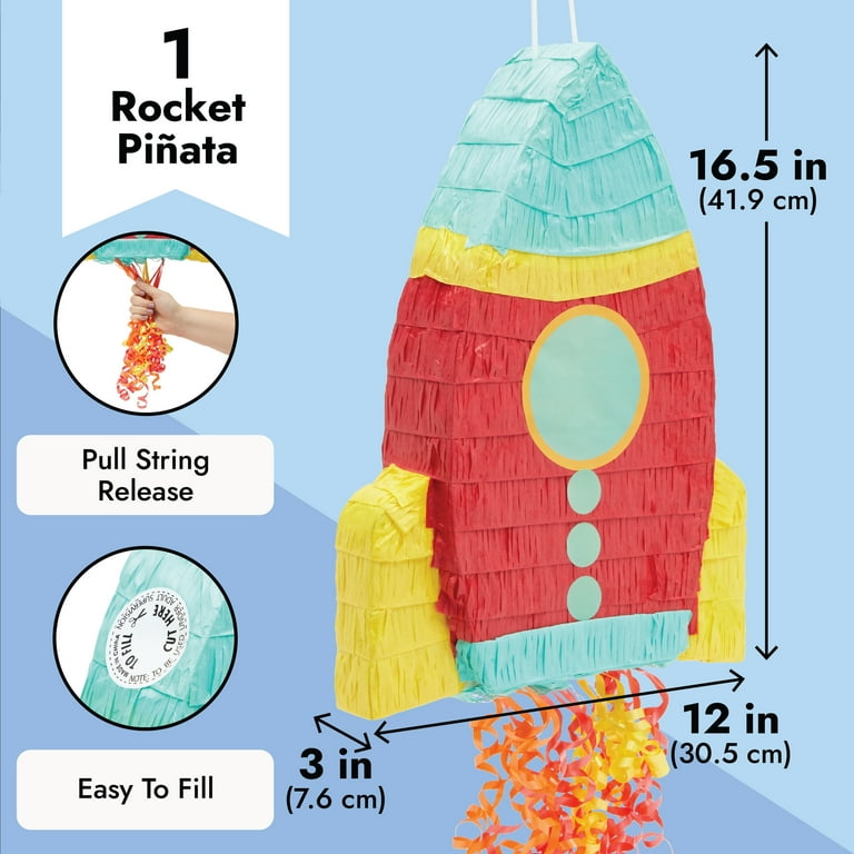 Small Rocket Ship Pinata, Kids Space Themed Birthday Party Supplies, 16.5 x 12.5 x 3 Inches