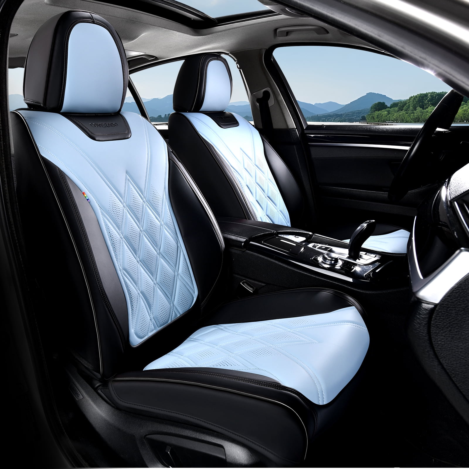 Coverado Full Set Covers For Cars, Waterproof Faux Leather Front and Rear Seat Protectors, Auto Cushions Universal Fit for Most Cars, Black&Blue