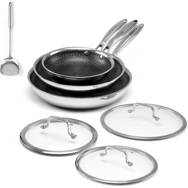Non Stick Frying Pan Set 7 Piece, 8, 10 and 12-Inch Hybrid Non Toxic Fry Pan Skillet with Lids, Dishwasher and Oven Safe, Induction Ready, Silver Kitchen Cookware Set