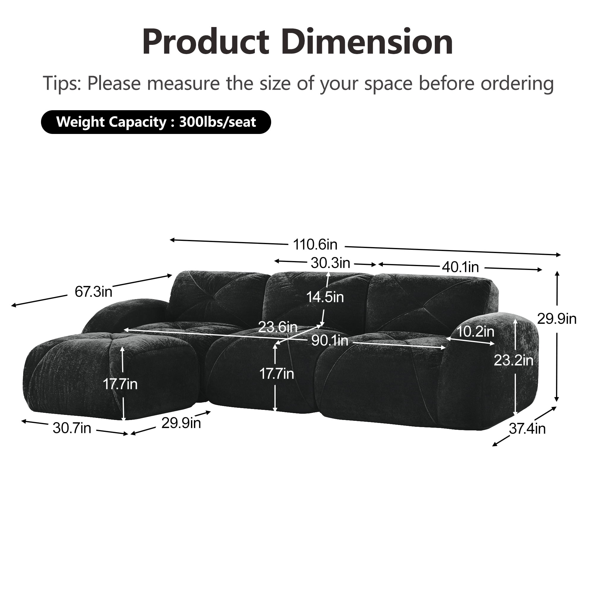 Alvantor L-Shaped Sectional Sofa 3-Seater Boneless Sofa Couch with Anti-Slip Design for Living Room, Easy Assembly Black