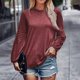thumbnail image 2 of Mujer Top Color Puro Cuello Redondo Poliéster Manga Larga Punto Plisado Otoño Camiseta para Trabajo Diario Vino Rojo XL, 2 of 5