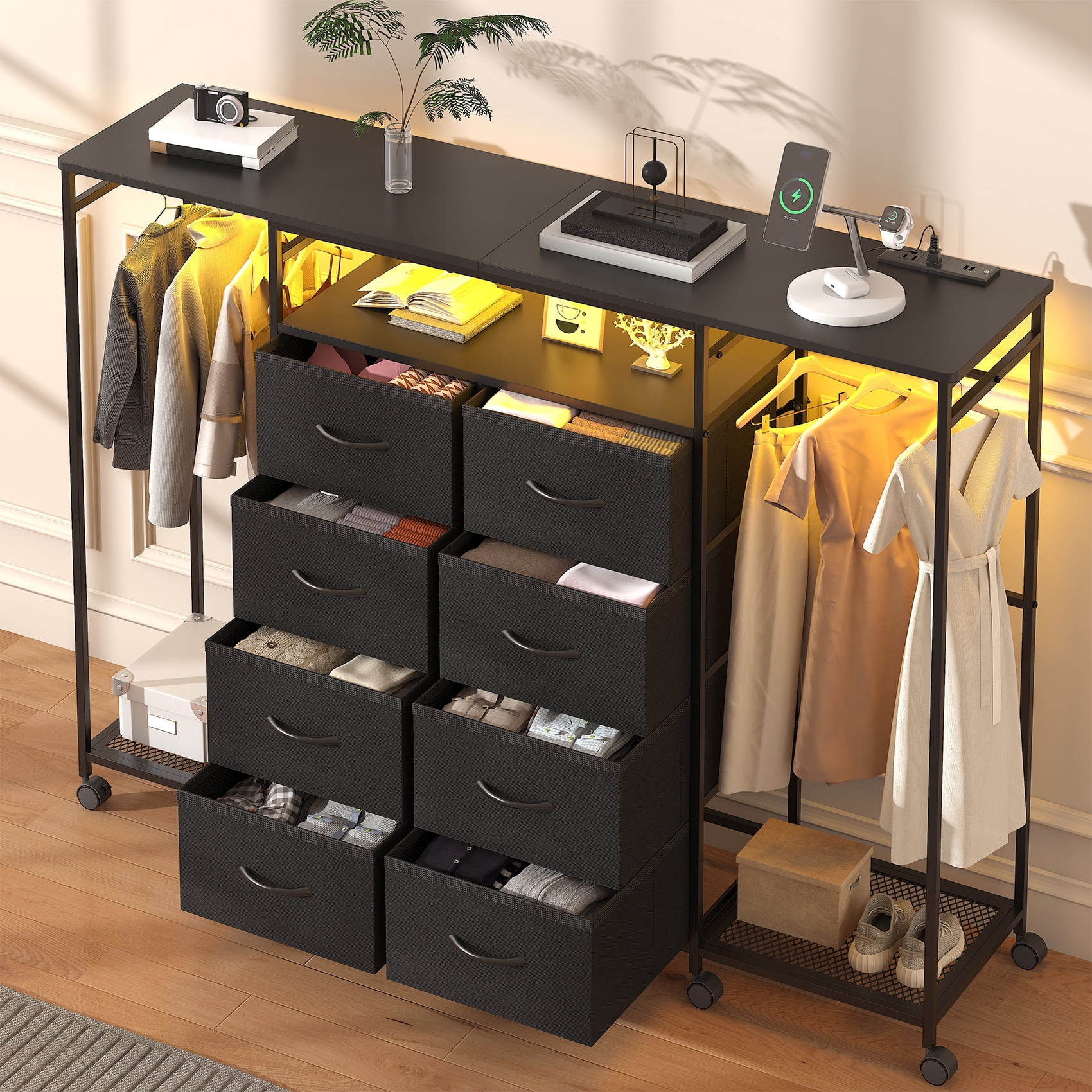 Frmobepts Dresser with Clothes Rack, 8 Drawers Dresser with Charging Station & LED Lights, Black Storage Unit with Wheels for Bedroom, Closet
