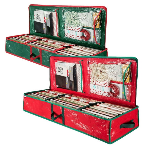 Homirary 2pcs Wrapping Paper Organizer Storage Bag Containers for Christmas Gift, with Reinforced Handles, Holiday Accessories, Red Green