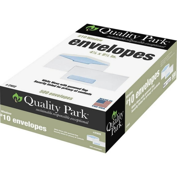 Quality Park No. 10 Window Security Envelopes - Single Window- 4 1by8"W x 9 1by2" L- 24 lb - Gummed - Wove - White