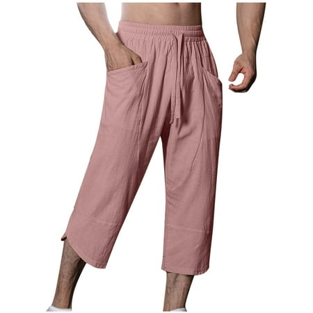Linen Capri Pants Men Drawstring Beach Trousers with Pockets 3/4 Length Summer Walking Hiking Tracksuit Bottom Straight Leg Holiday Sport Trouser Trend Jogging Sweatpants Yoga Pant