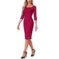 thumbnail image 4 of Vestido de encaje Allegra K para mujeres, con mangas 3/4, escote cuadrado, midi, recto, talla XS, rojo oscuro, 4 of 5