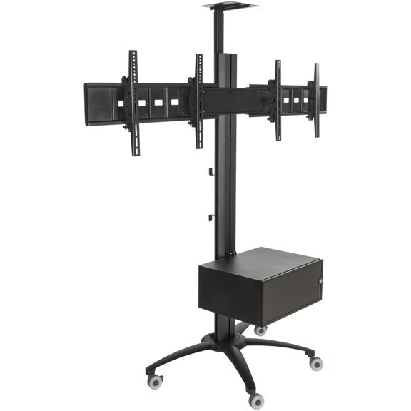 Displays2go LPGP36WB2C Heavy Duty TV Stand for Dual Flat Screens, 30-60", Locking Cabinet, Camera Tray
