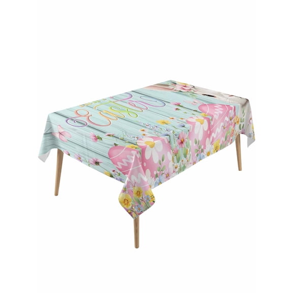 Turquoise Easter Rectangle Tablecloth, Spring Easter Bunny Eggs Floral Wooden Waterproof & StainResistant Tablecloth, Washable Oil-proof Table Cover for Dining/Party/Wedding/Camping/Buffet 60x120 In