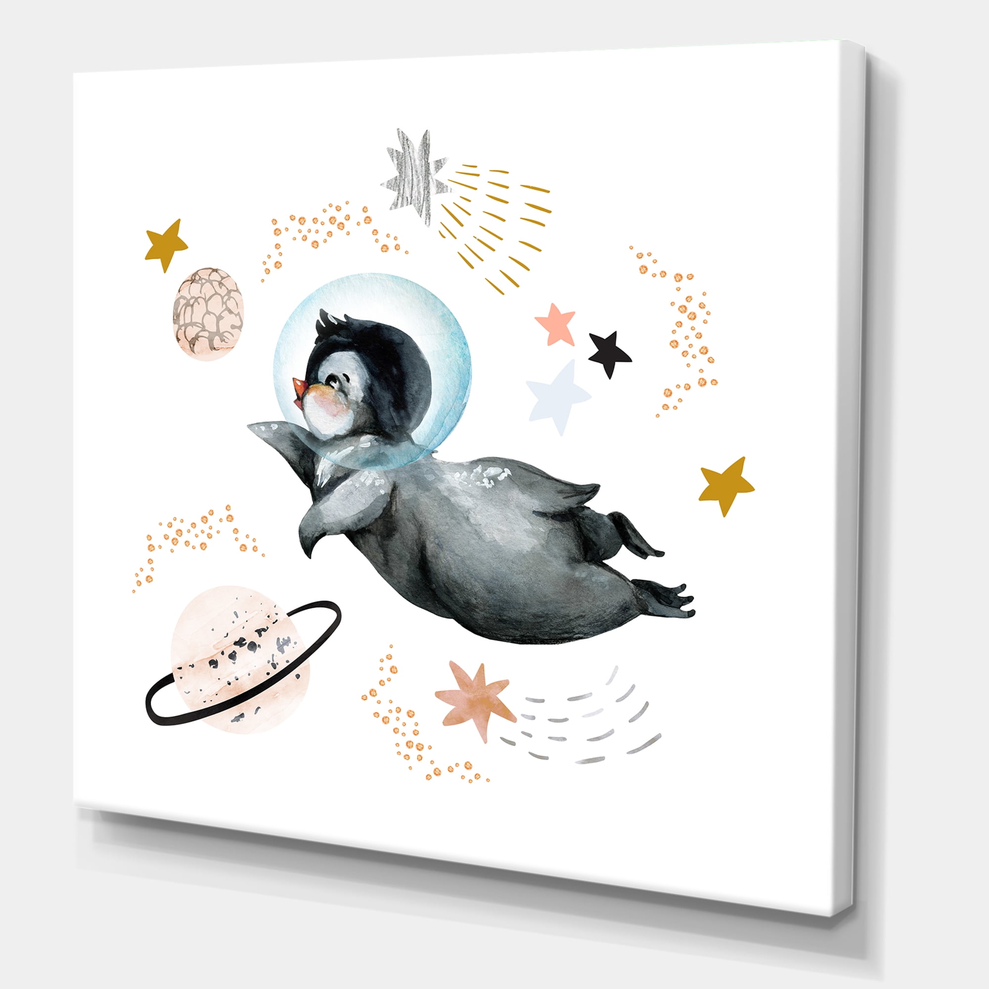 Designart ' Little Penguin Flying Planets and Stars II ' Farmhouse Canvas Wall Art Print