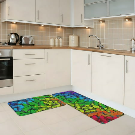 

Kitchen Mats for Floor 2 Piece - Rainbow Butterflies Anti Fatigue Mats for Kitchen Floor Kitchen Rugs Non Slip Washable Mat for Home Kitchen Decor