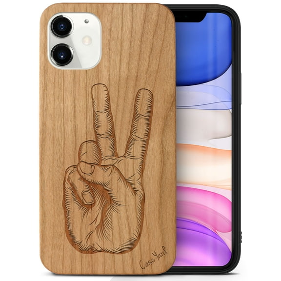 Case Yard Wooden Case Outside Soft TPU Silicone, Slim Fit Shockproof Wood Protective Phone Cover for Girls Boys Men and Women, Supports Wireless Charging Peace Hand Sign Design case for iPhone-12-Mini