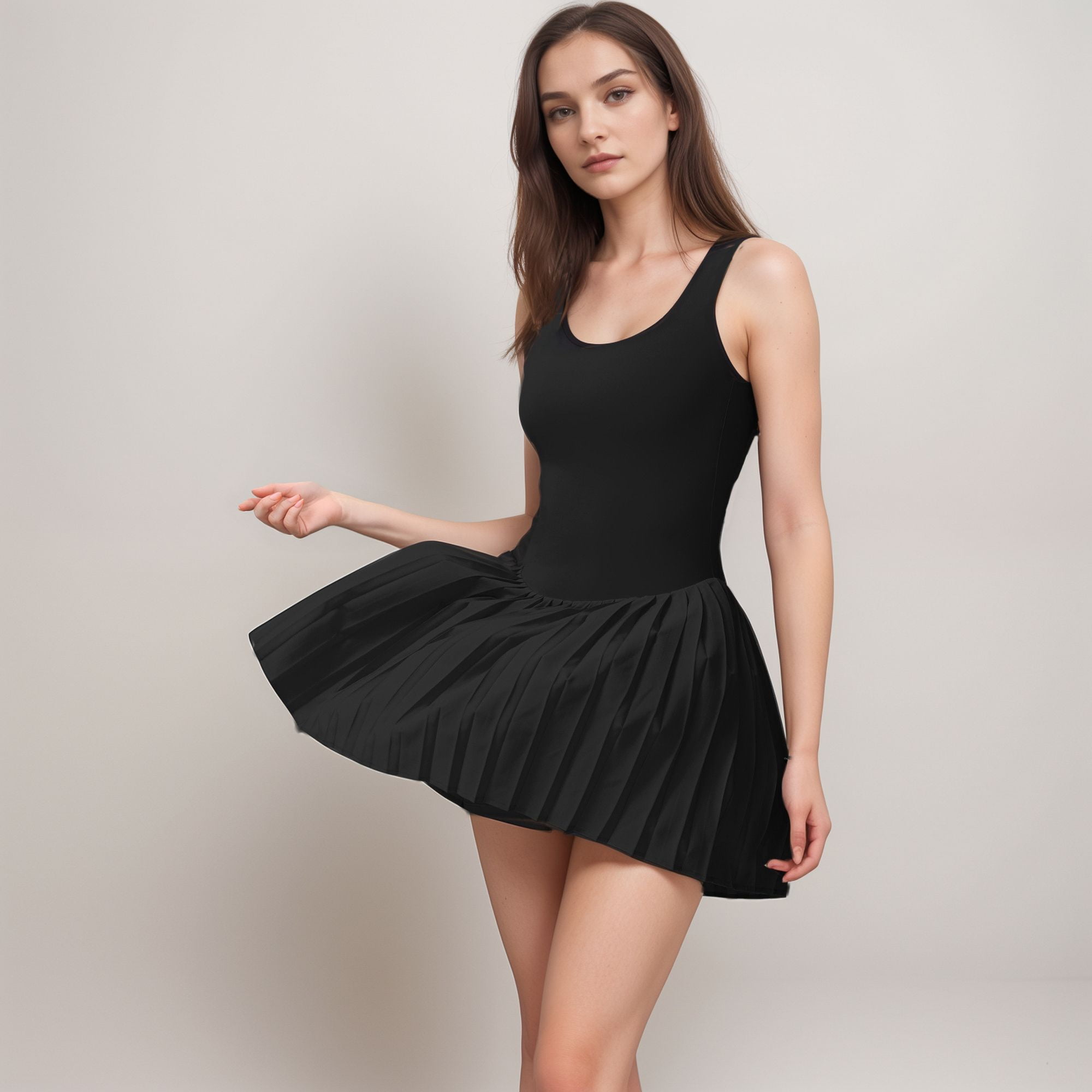 Women's Sleeveless Athletic Dress with Built-In Shorts Pleated Wrap Skirt and Stretch Fabric with Side Pocket - Black, Medium