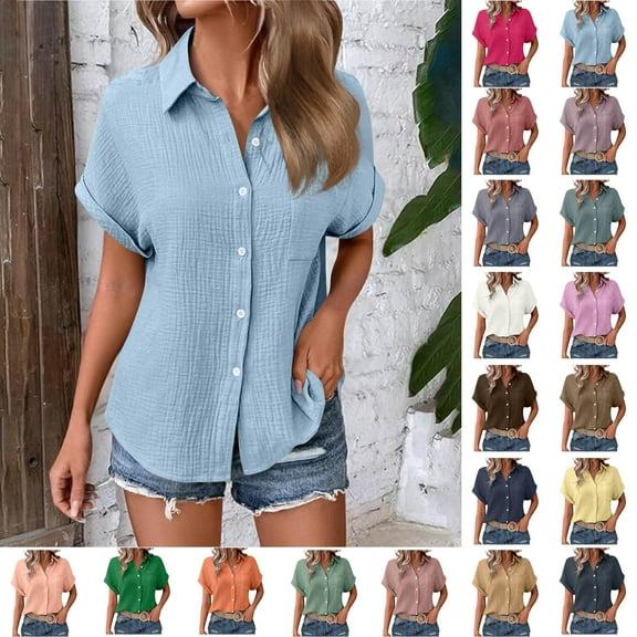 Womens Cotton Button Down Shirt Casual Short Sleeve Loose Fit Collared Linen Work Blouse Tops with Pocket(Light Blue,S)