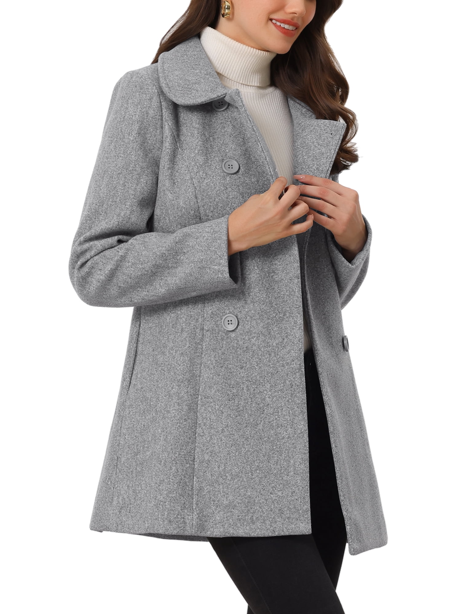 Unique Bargains Women's Peter Pan Collar Double Breasted Winter Trench Coat L Grey