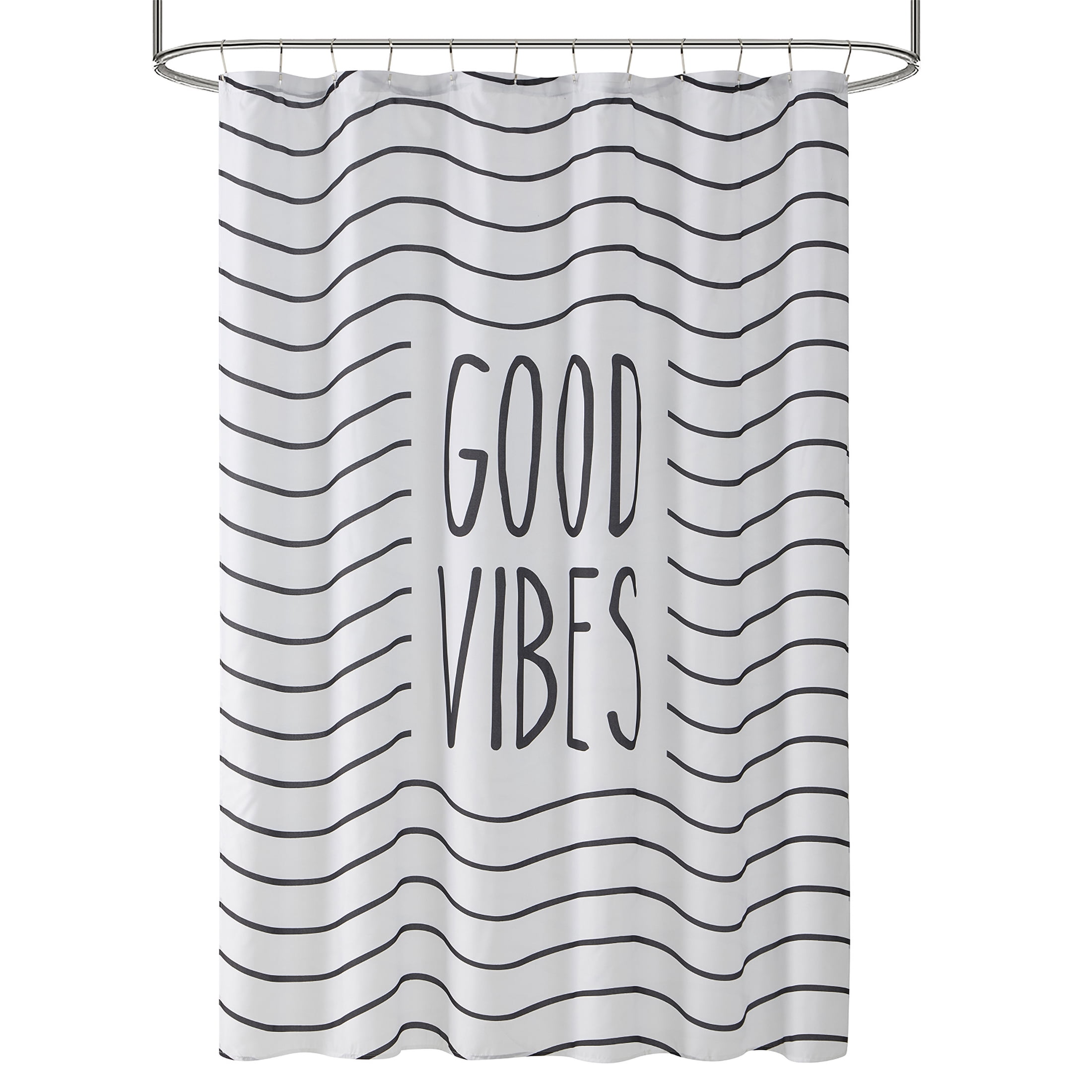 Mainstays Good Vibes 15PC Shower Curtain & Rug Bath Set, 70 x 72, Black/White