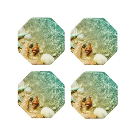 

Fuzoiu Starfish And Seashell Print Leather Coasters Set Drink Coasters Set of 4 for Tabletop Protection Durable PVC Coasters Home Décor and Housewarming Gift-Octagon