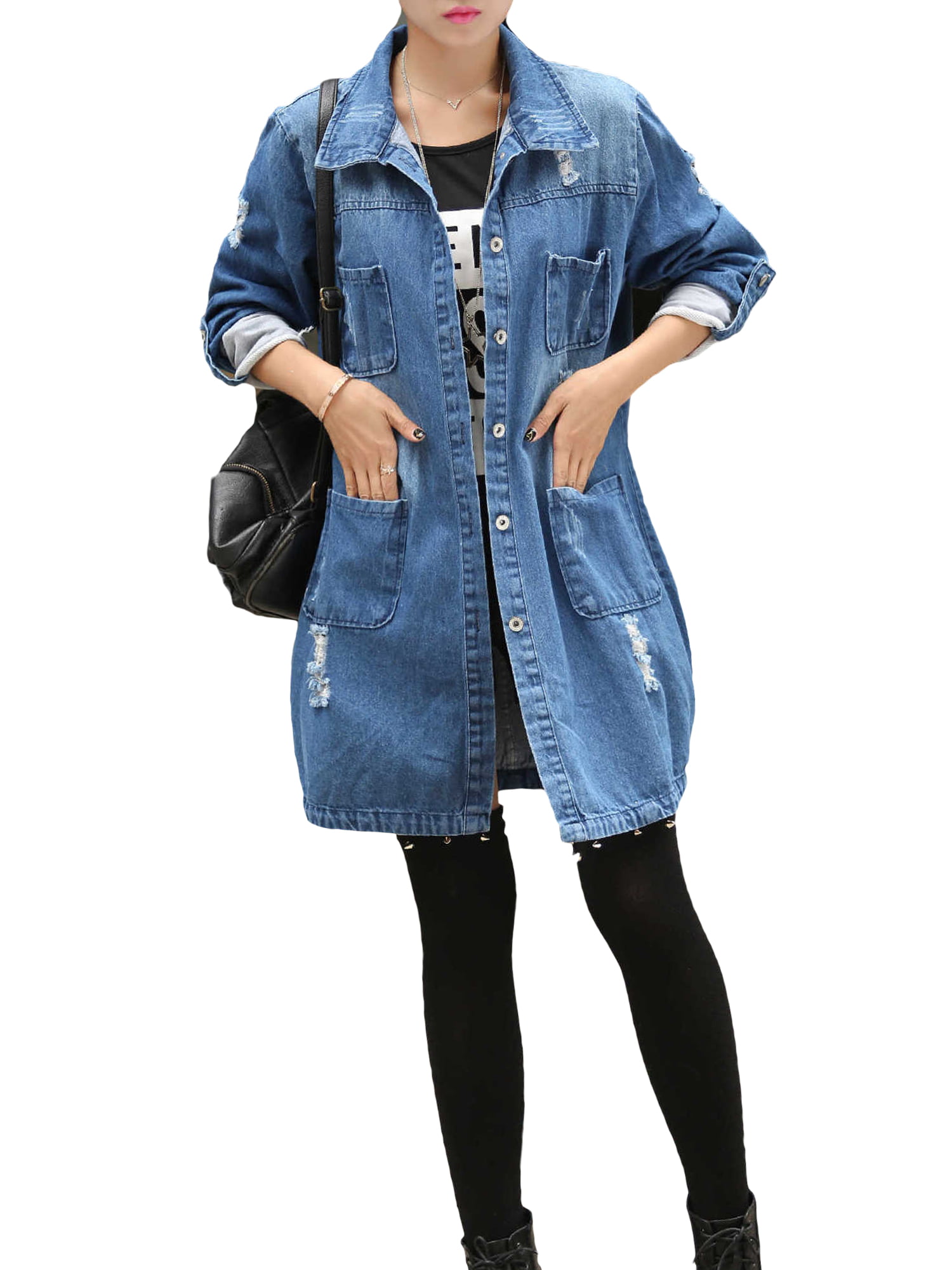 YUNY Women Outwear/Overcoat Short-Sleeve Button Denim Boyfriend Jacket Dark Blue XS