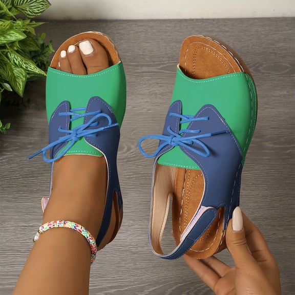 Viluyesy Womens Wedge Sandals, Peep Toe Lace Up Color Block Fashion Soft Sole Comfort Shoes Green 5.5