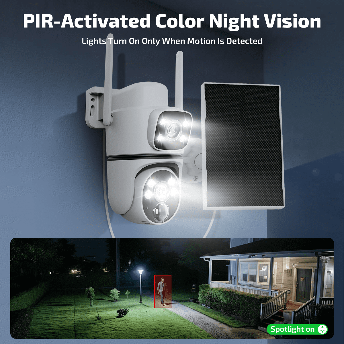 OHWOAI Dual Lens Solar Wireless PTZ Security Camera, Dual Band WiFi Security Cameras with Color Night Vision, PIR Motion Detection & Two-Way Audio