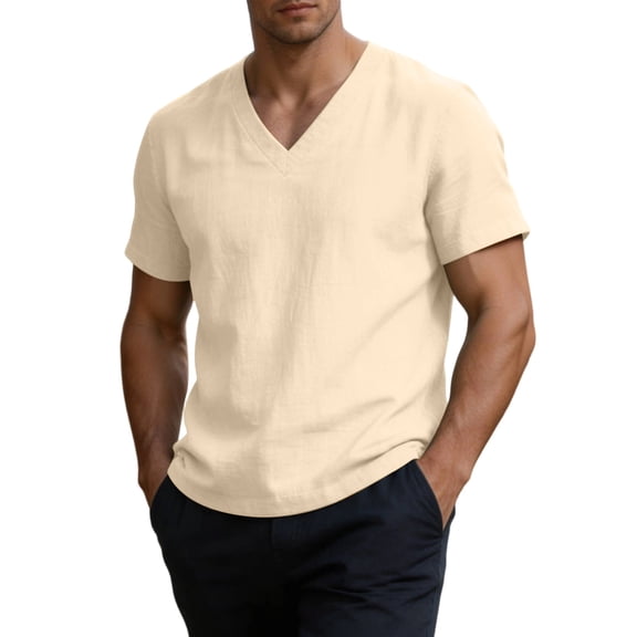 hoksml Men's V Neck Short Sleeve Cotton Linen T Shirt, Solid Color Breathable Casual Tops for Beach Daily Wear and Summer Casual
